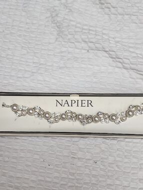 Napier Silver-Tone Pearl and Clear Crystal Bracelet